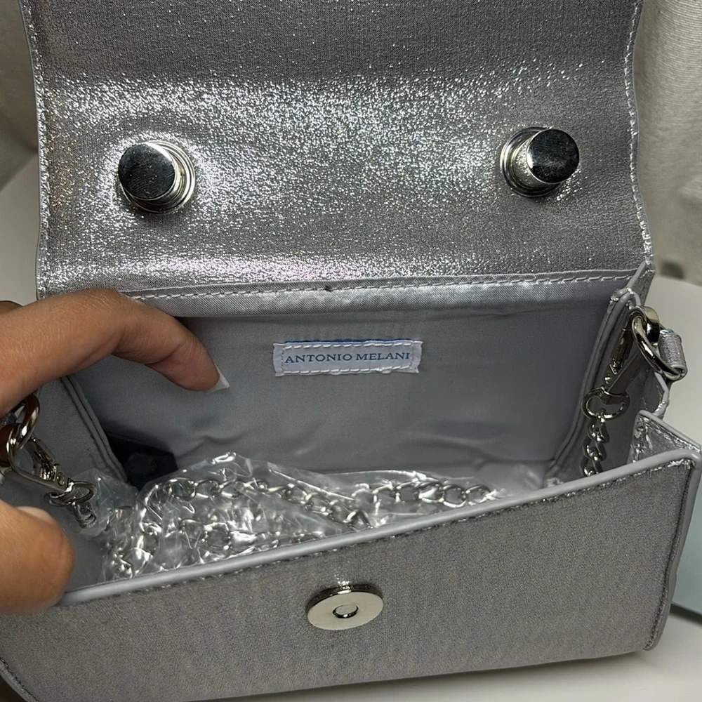 Antonio Melani Metallic Bow Top Handle Satchel Bag In Silver | NWT